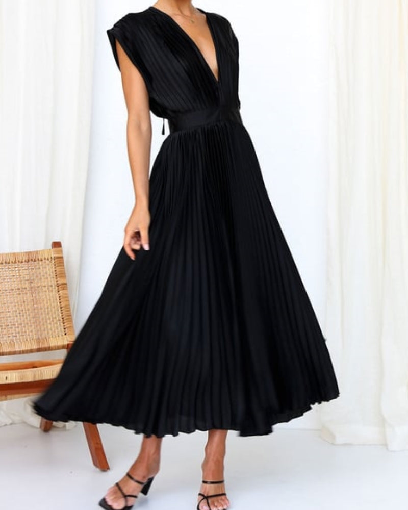 💃Timeless Elegance: Draped V-Neck Pleated Skirt Dress